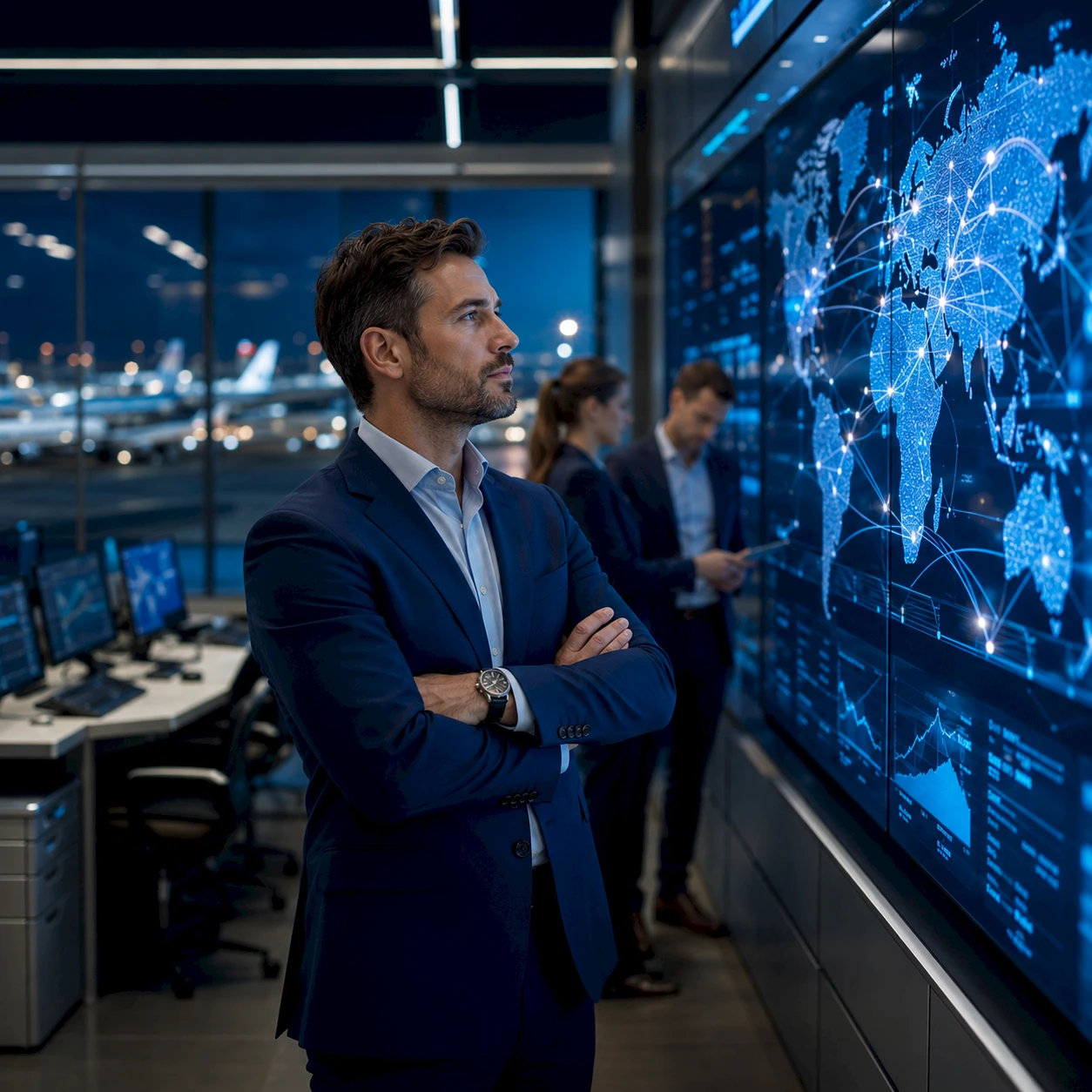 Travexis-adviseur analyseert wereldwijde reisdata op een overzichtsbord
